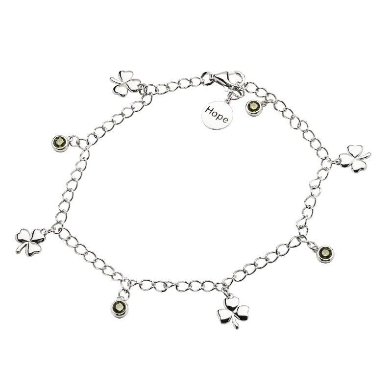 ladies-gift-open-cuff-bracelets-Sterling Silver "Hope" Shamrock Bracelet with Four Peridot Stones SB2108