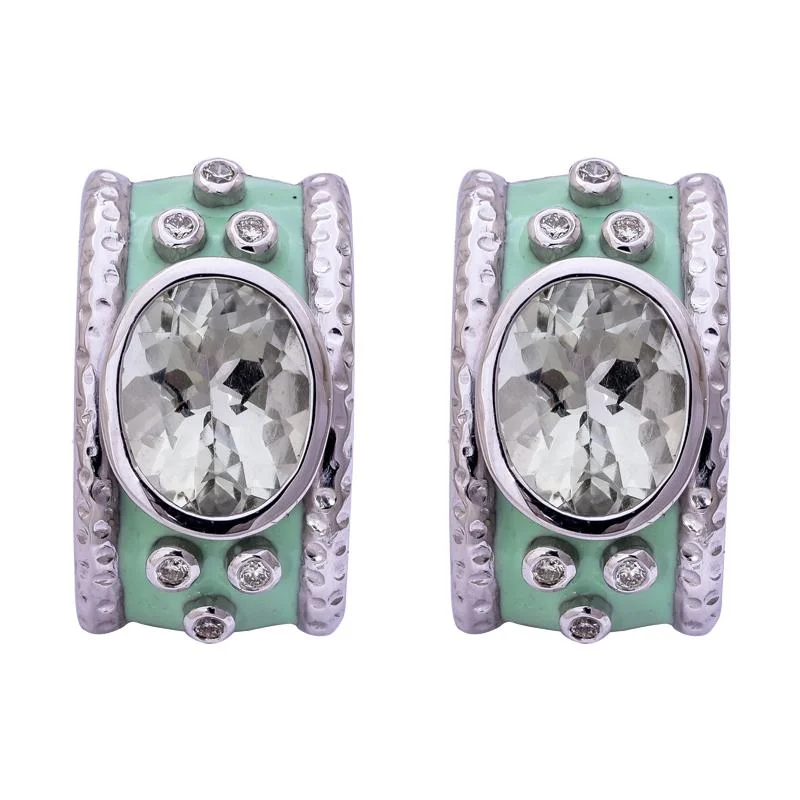 Ladies earrings with lunar studs -Earrings- Green Quartz and Diamond (Enamel)  (256FS)