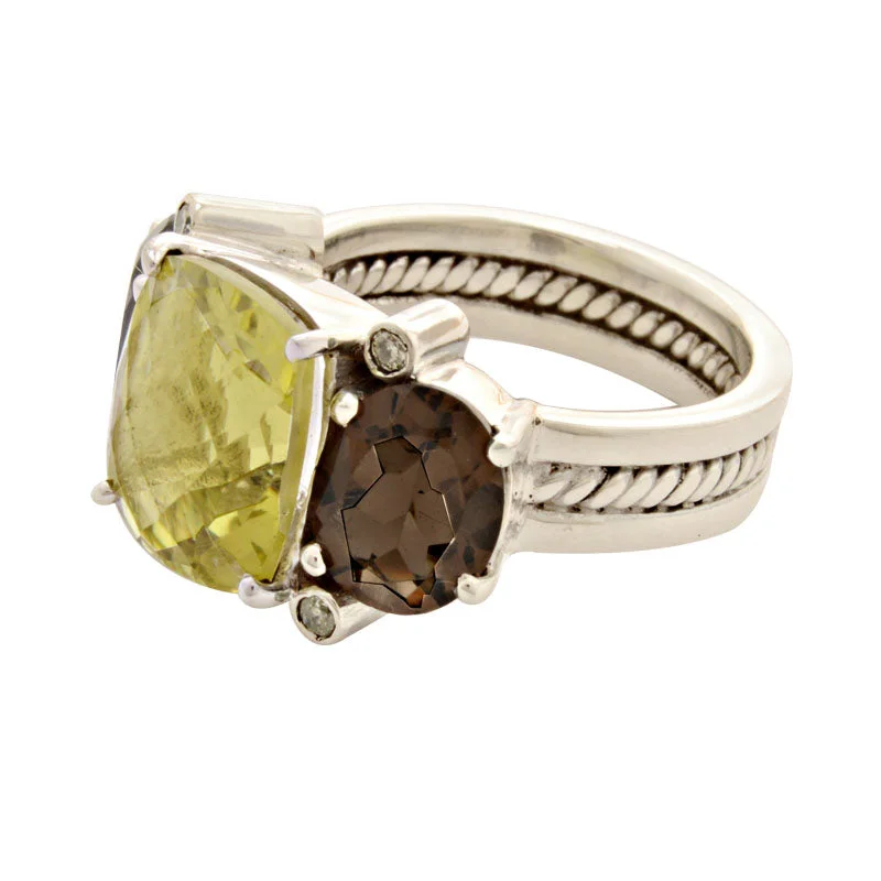 Ladies rings fun charm -Ring-Lemon Quartz, Smokey Quartz and Diamond