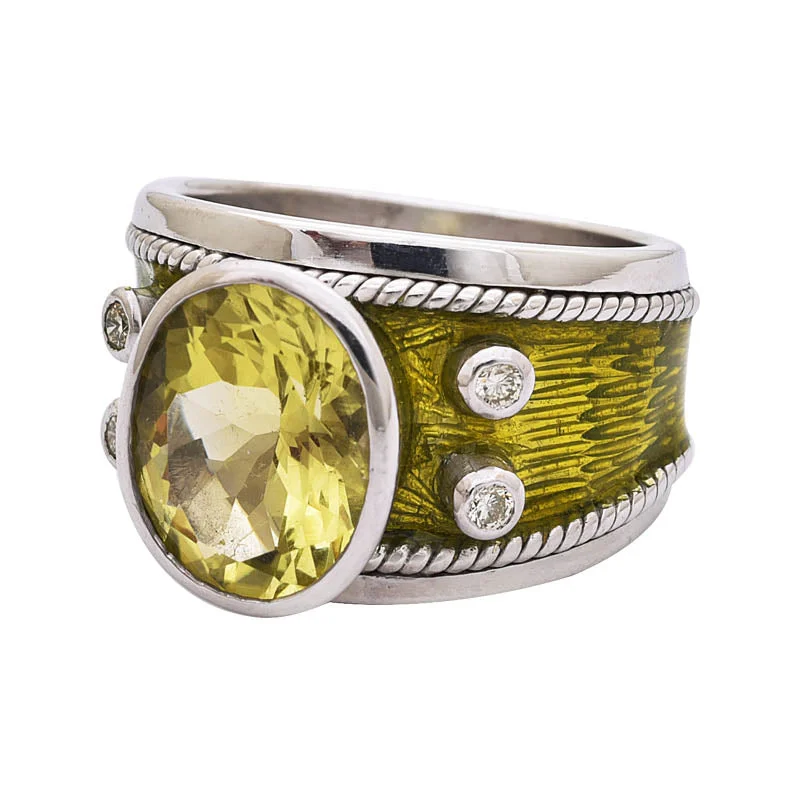 Ladies rings trio sets -Ring - Lemon Quartz And Diamond (Enamel) In Silver  (244NS)