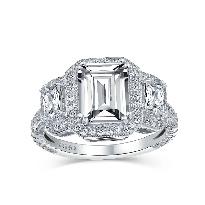 Ladies engagement rings for epic love -Estate Vintage Art Deco 3CT CZ Halo Emerald Cut Engagement Ring Sterling Silver