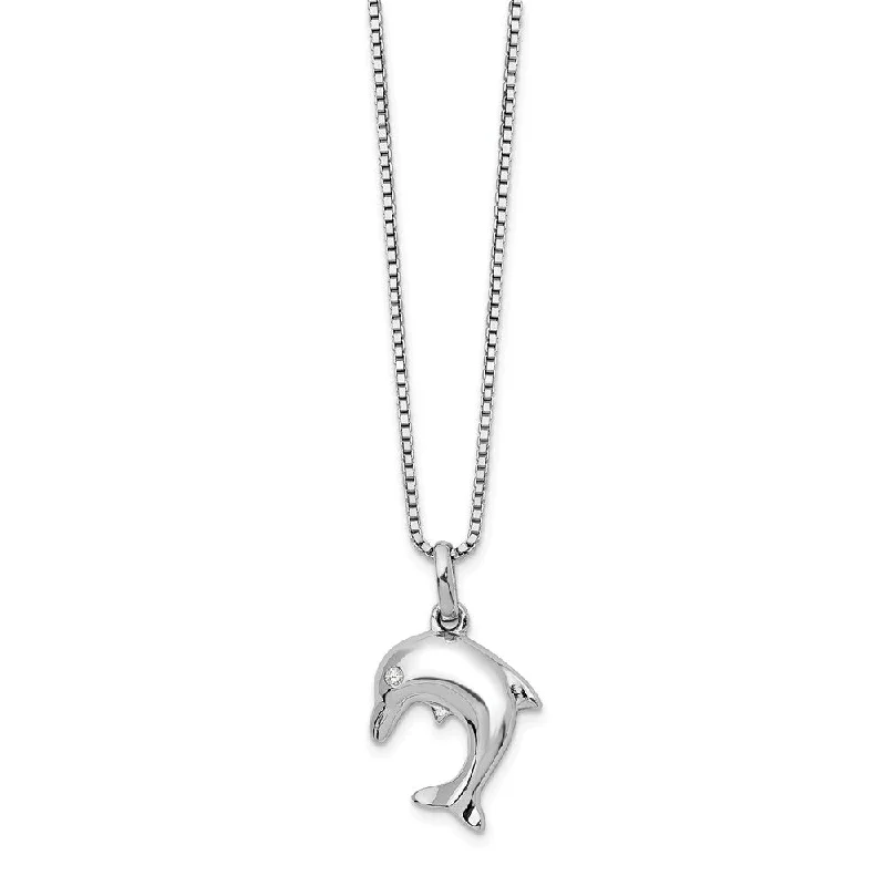 ladies-star-box-necklaces-Diamond Dolphin Necklace in Rhodium Plated Sterling Silver, 18-20 Inch