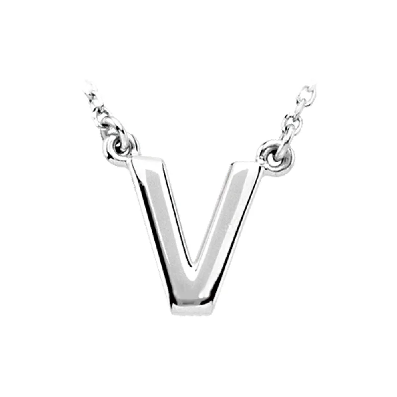 ladies-pearl-woven-necklaces-14K White Gold, Kendall Collection, Block Initial V Necklace, 16 Inch