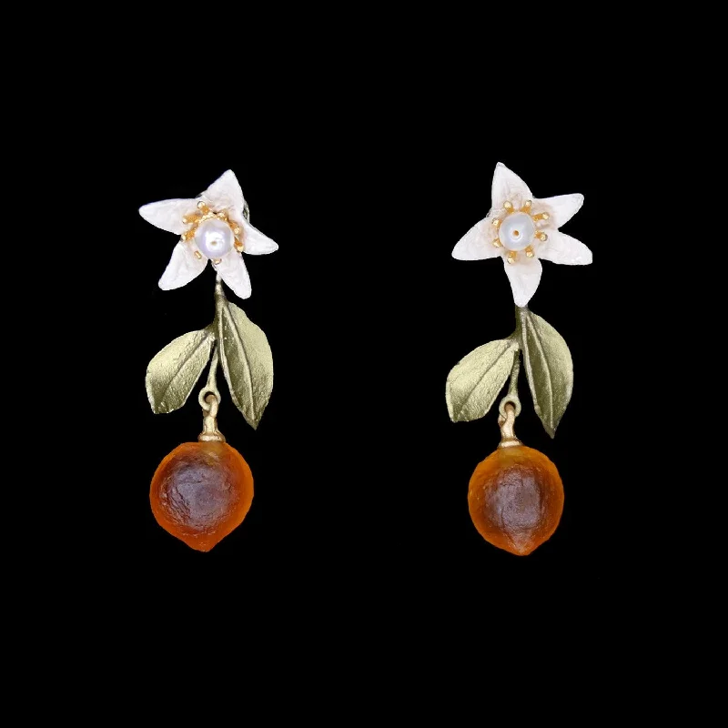 Ladies earrings for holiday shine -Orange Earrings - Flower and Drop Post