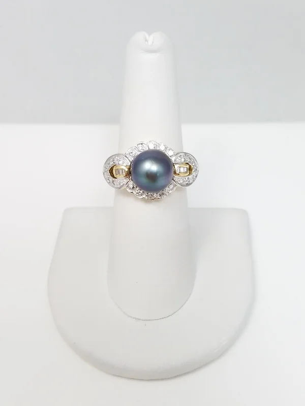 Ladies rings with dawn calcite -Glamorous 14k Yellow Gold Natural Cultured South Sea Pearl Diamond Ring