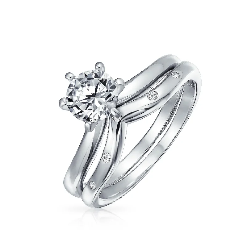 Ladies engagement rings cute romance -1CT Solitaire AAA CZ Etoile Engagement Ring Set .925 Sterling Silver