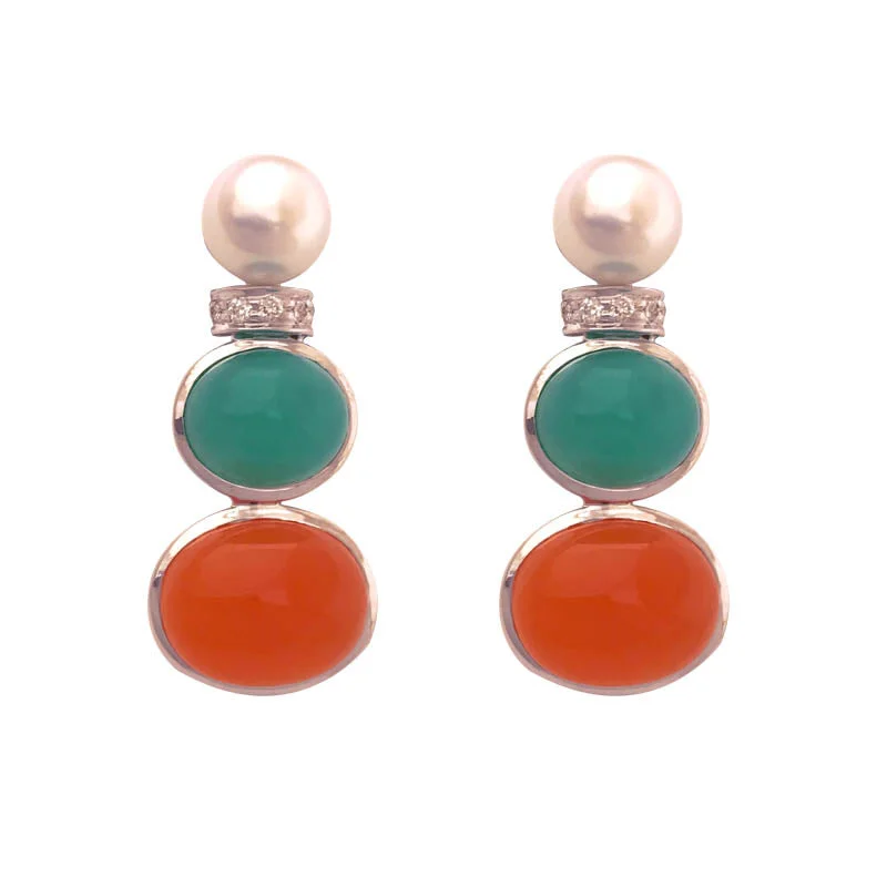 Ladies earrings with shadow moonstone -EARRINGS- CORNELIAN, CHRYSOPRASE, S.S. PEARL AND DIAMOND IN SILVER