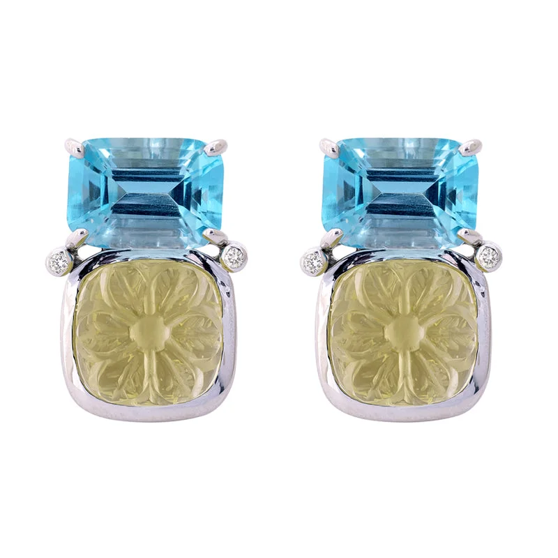 Ladies earrings ripple elegance -Earrings- Blue Topaz, Lemon Quartz and Diamond