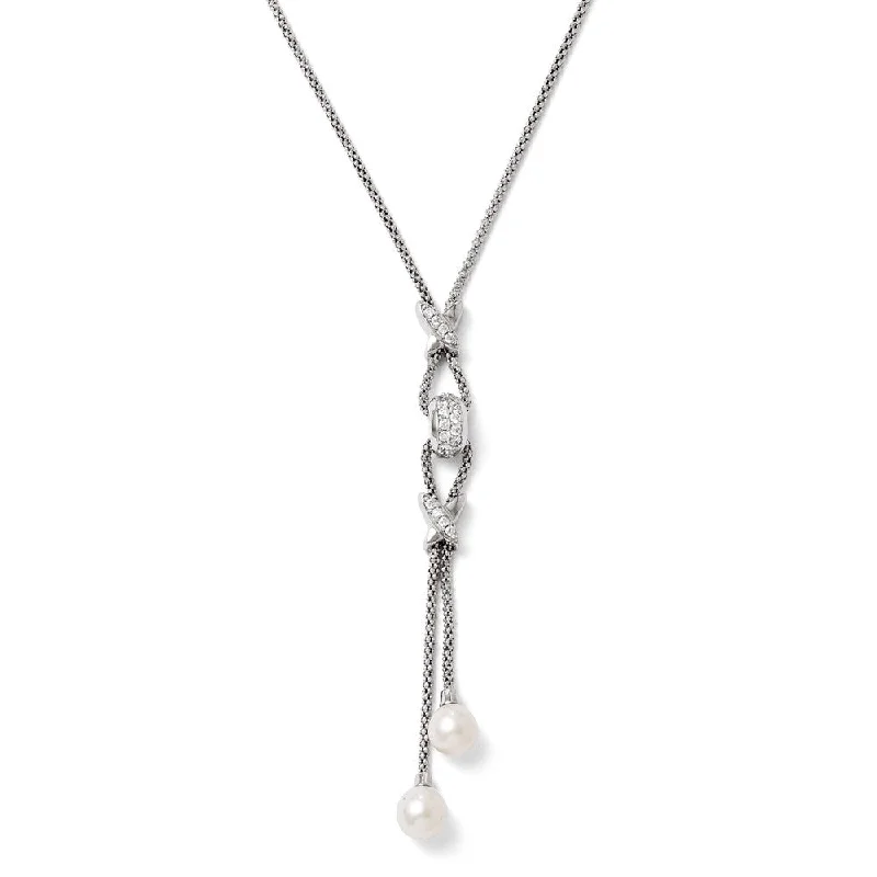 ladies-sterling-silver-bar-necklaces-CZ and Freshwater Cultured Pearl Drop Necklace in Sterling Silver