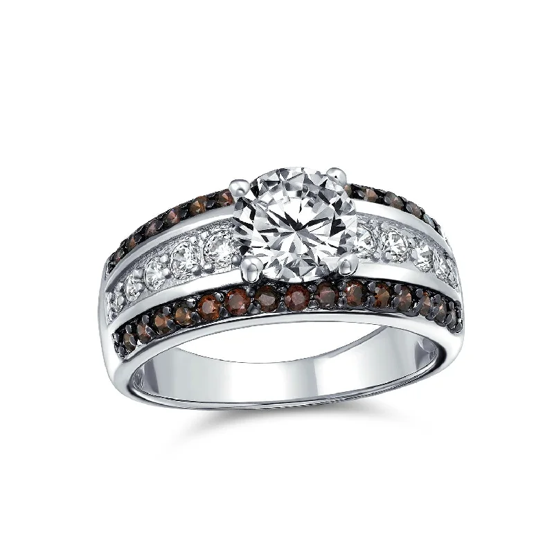 Ladies engagement rings for tea-time love -3ct AAA CZ Two Tone Chocolate Brown Solitaire Engagement Ring with Pave Band