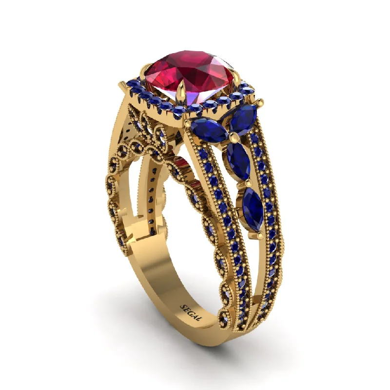 Ladies engagement rings with den accents -Ruby Eternal Embrace Double Shank Filigree Engagement Ring - Celine No. 70