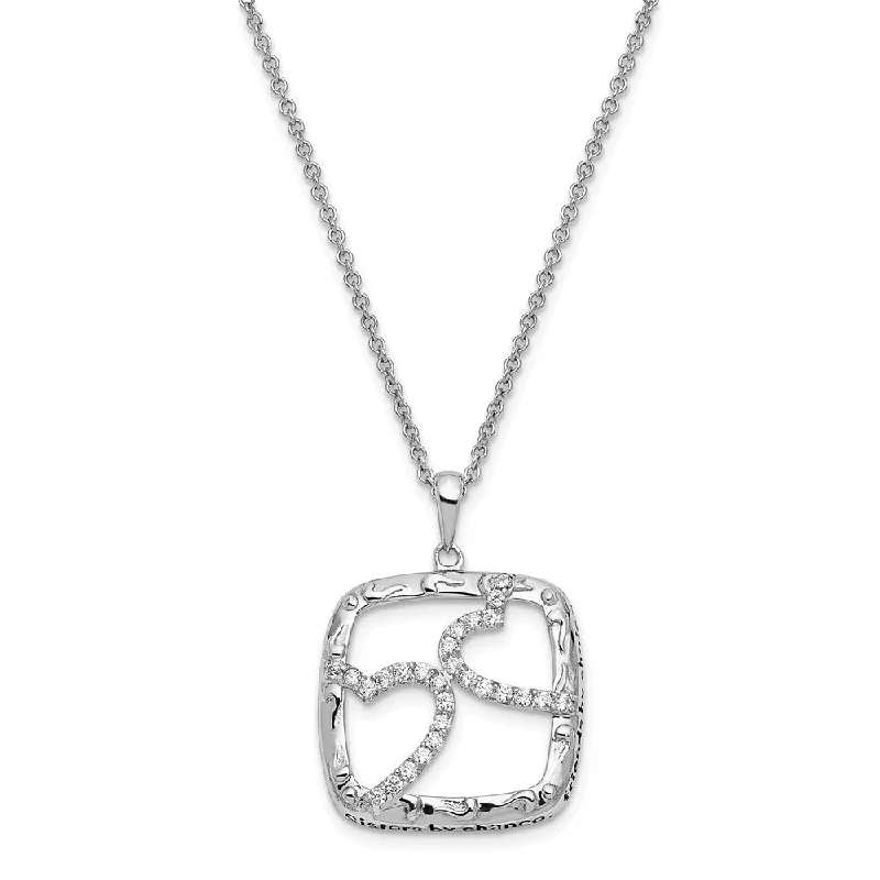 ladies-flower-bar-necklaces-Rhodium Plated Sterling Silver & CZ Sisters By Chance Necklace, 18 In.