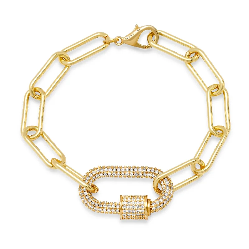 ladies-elegant-pearl-bracelets-LARGE CZ SCREW CARABINER PAPERCLIP BRACELET, GOLD ON GOLD