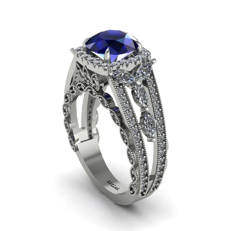 Ladies engagement rings for musical vows -Sapphire Eternal Embrace Double Shank Filigree Engagement Ring - Celine No. 15