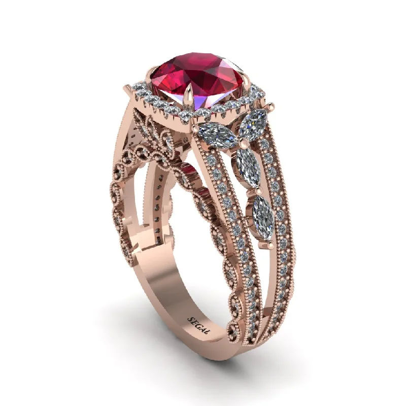 Ladies engagement rings with plume settings -Ruby Eternal Embrace Double Shank Filigree Engagement Ring - Celine No. 11