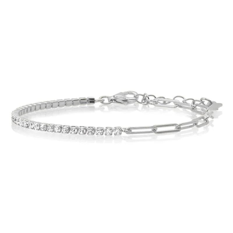 ladies-locket-diamond-bracelets-HALF & HALF PAPERCLIP CZ TENNIS BRACELET, SILVER