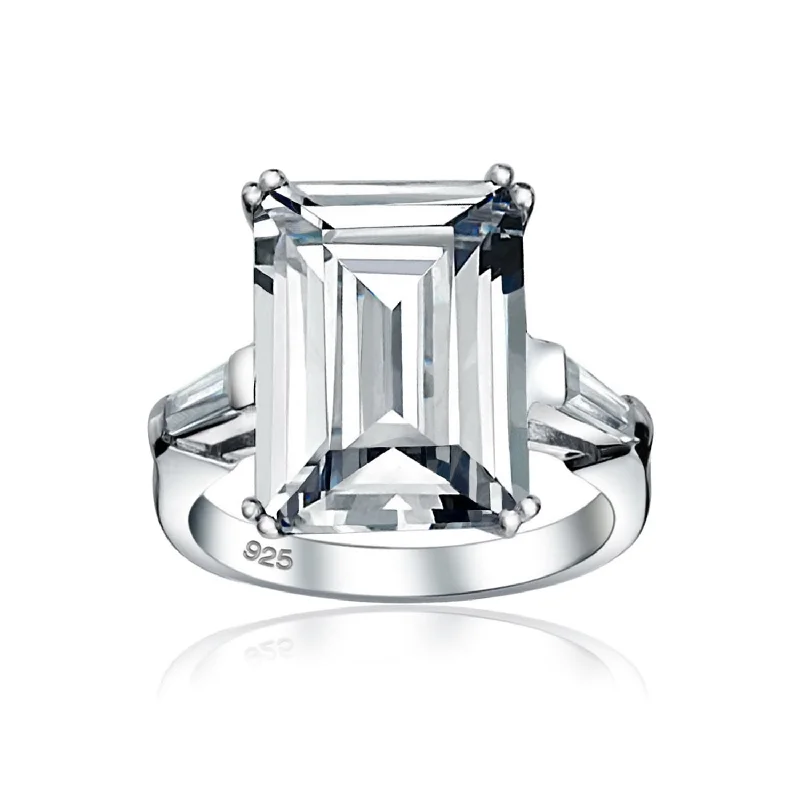 Ladies engagement rings with claw settings -Art Deco Style 10CT Emerald Cut Engagement Ring, Sterling Silver, Gold Plated