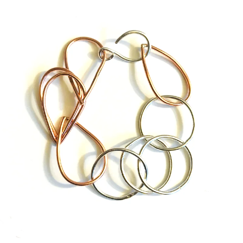 ladies-infinity-gold-bracelets-Mixed Metal Chunky Link Bracelet - 14kt Rose Gold-Filled and Silver - Circle and Tear Links - Adjustable