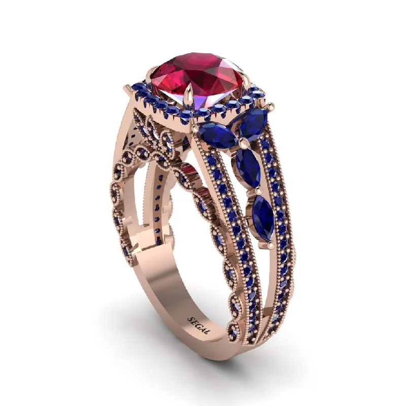 Ladies engagement rings for promise love -Ruby Eternal Embrace Double Shank Filigree Engagement Ring - Celine No. 71