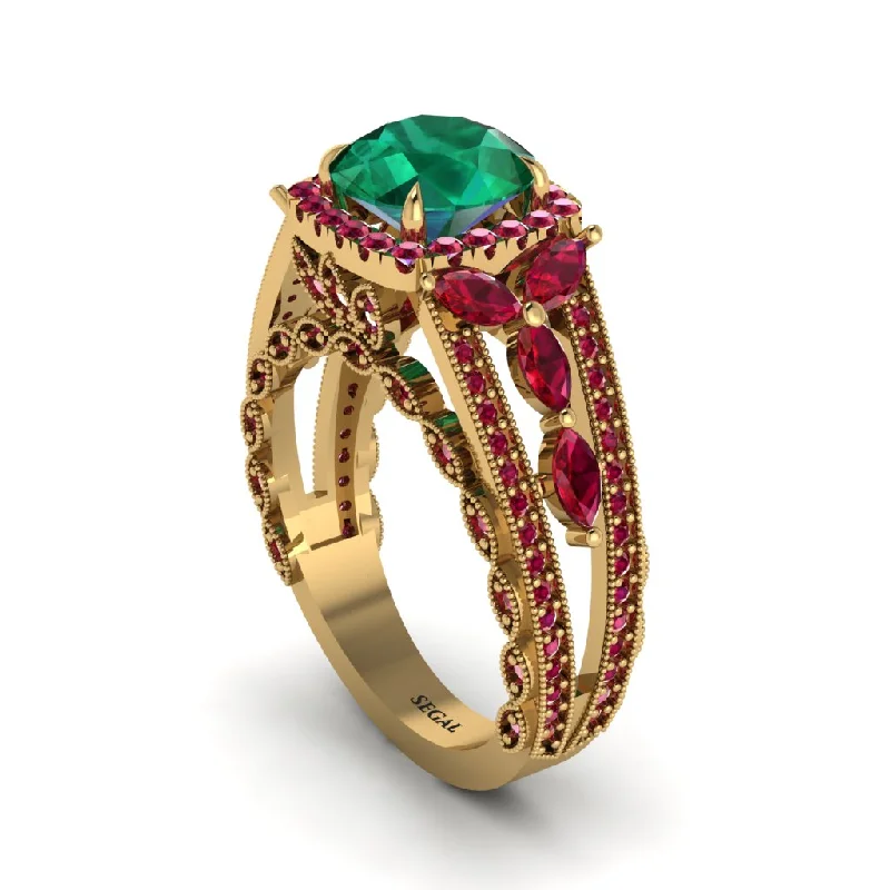 Ladies engagement rings with chord settings -Emerald Eternal Embrace Double Shank Filigree Engagement Ring - Celine No. 49