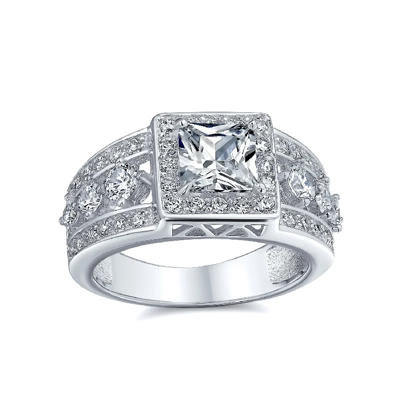 Ladies engagement rings fun brilliance -Square Cut Halo AAA CZ Art Deco Princess Engagement Ring, 3 Row Band Silver