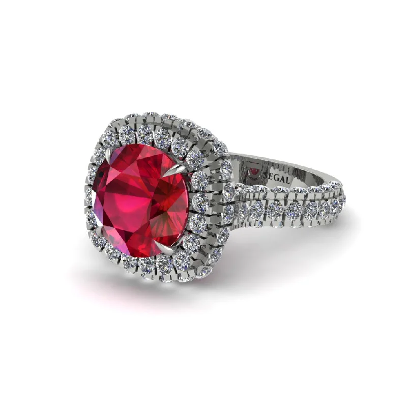 Ladies engagement rings with ridge accents -Ruby Pave Double Halo Engagement Ring - Eve No. 12