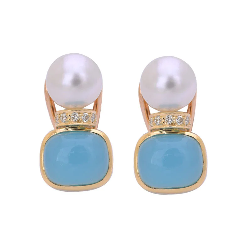 Ladies earrings for fresh starts -EARRINGS- CHALCEDONY, SOUTH SEA PEARL AND DIAMOND