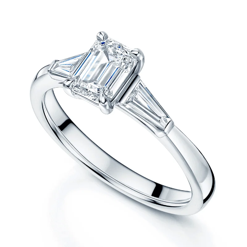 Ladies engagement rings classic brilliance -Platinum GIA Certificated Emerald Cut Diamond And Tapered Baguette Cut Three Stone Engagement Ring