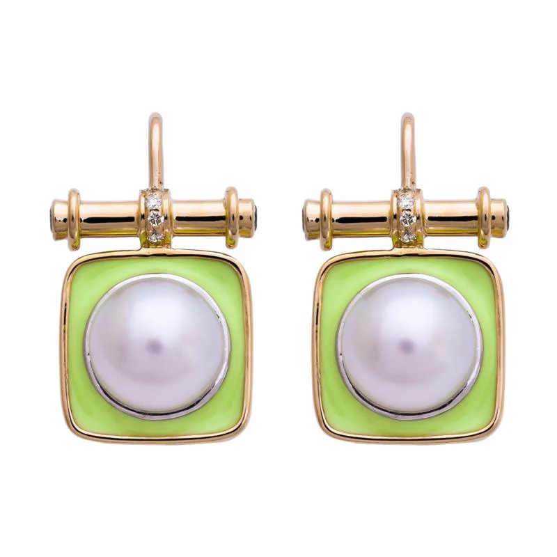 Ladies earrings with sea calcite -Earrings- South Sea Pearl and Diamond (Enamel)  (28FM)