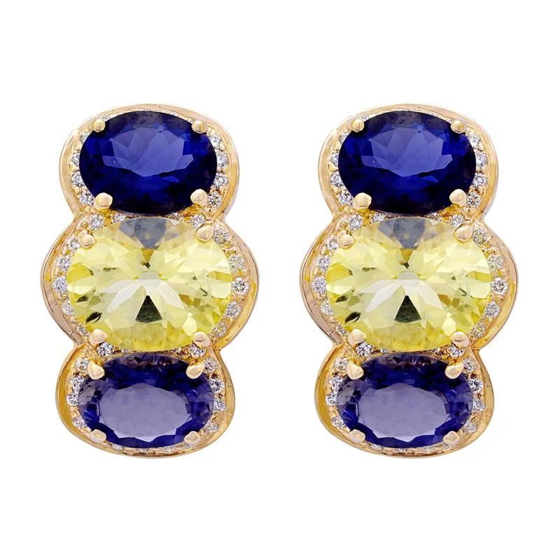 Ladies earrings with quill studs -Earrings- Iolite, Lemon Quartz and Diamond  (27EM)