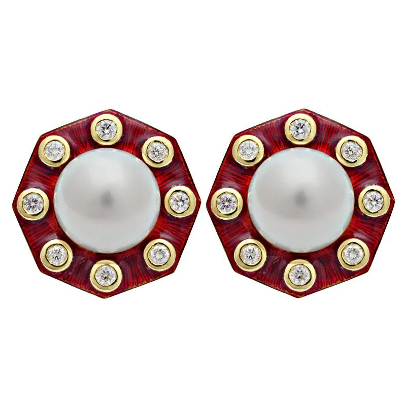 Ladies earrings with dawn calcite -Earrings-South Sea Pearl and Diamond (Enamel)  (2105L)