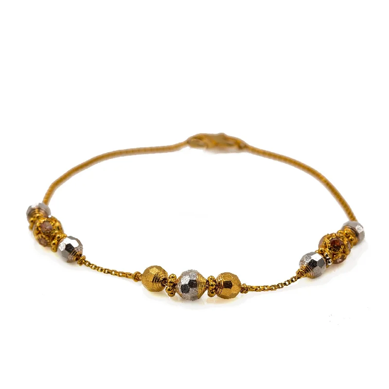 ladies-affordable-diamond-bracelets-22K Multi Tone Gold Bracelet W/ CZ Gems & Textured Bicone Beads