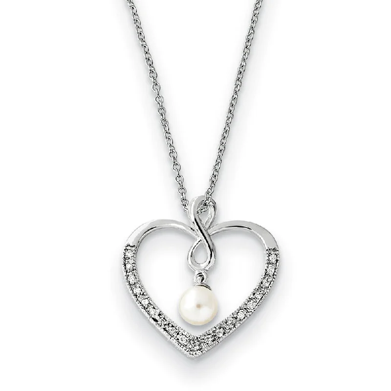 ladies-moon-rose-gold-necklaces-Sterling Silver, CZ & FW Cultured Pearl My Friend Heart Necklace, 18in