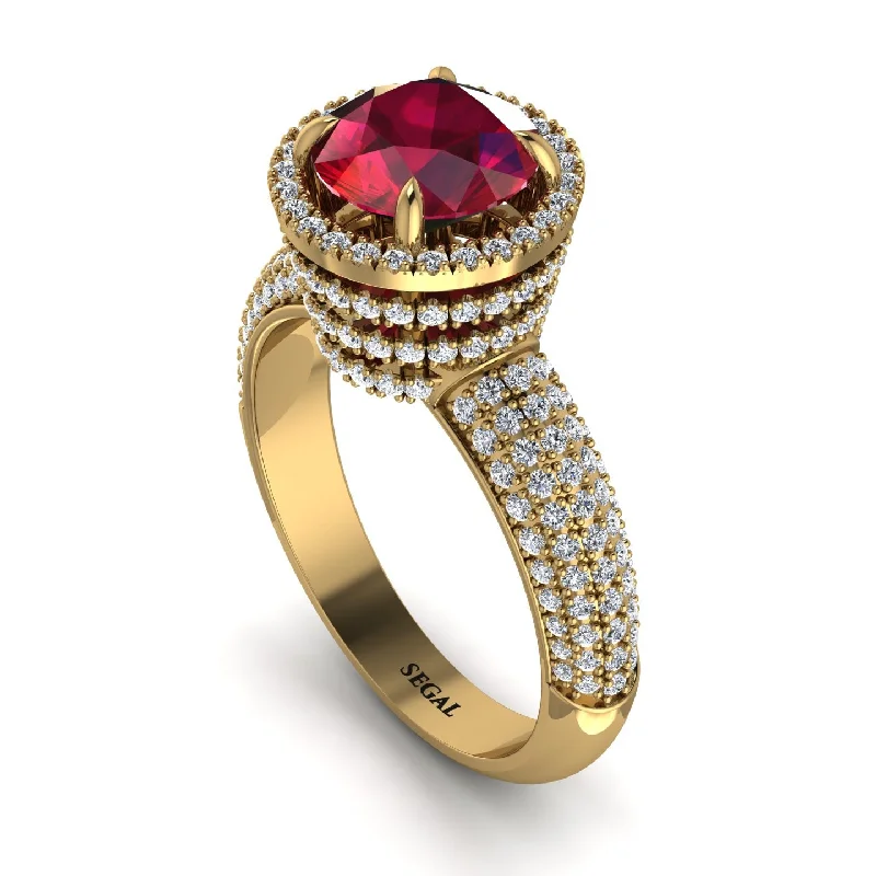 Ladies engagement rings with dusk sapphires -Ruby Cluster Halo Engagement Ring - Katie No. 10