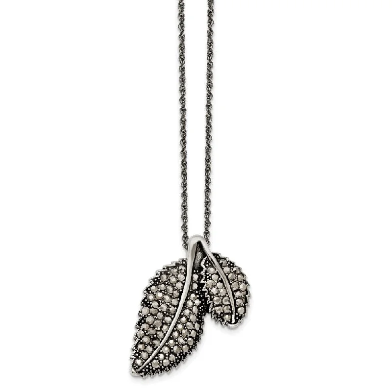 ladies-cross-pearl-necklaces-Marcasite Leaf Necklace in Antiqued Stainless Steel, 20 Inch