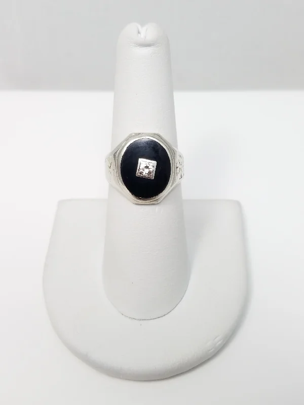 Ladies rings fairy-tale elegance -Casual 10k White Gold Art Deco 1930's Natural Onyx Diamond Ring Band