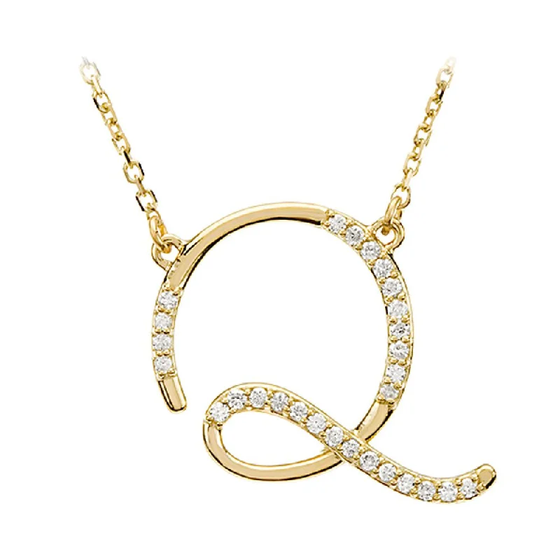 ladies-crystal-woven-necklaces-1/8 Ctw Diamond 14k Yellow Gold Medium Script Initial Q Necklace, 17in