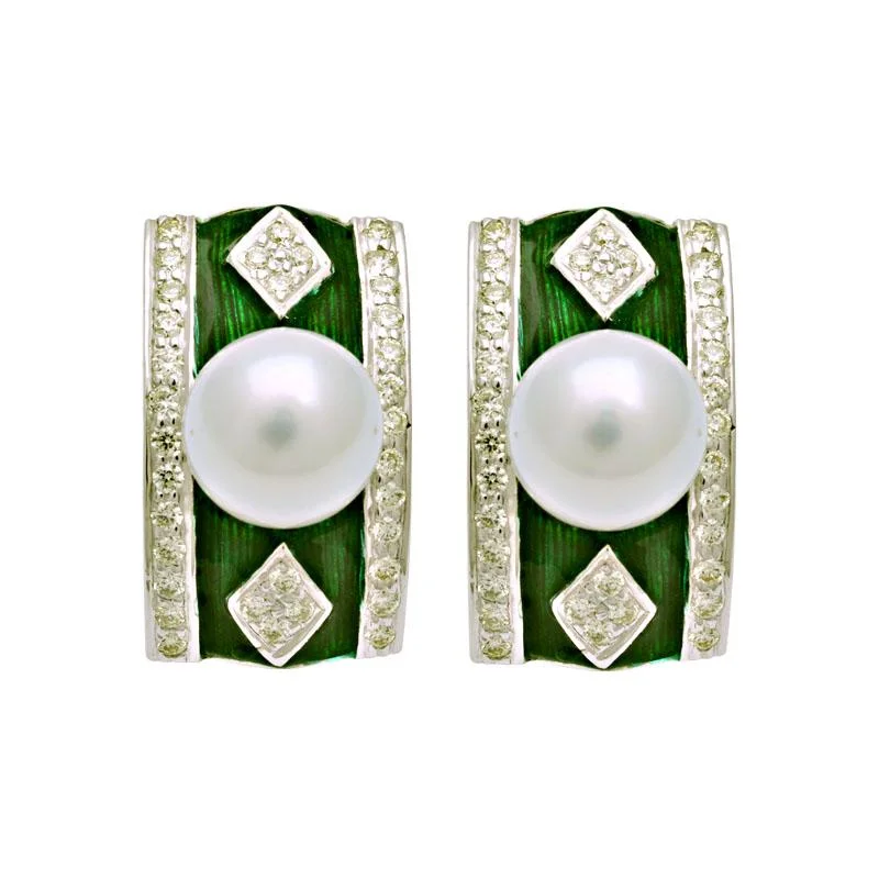 Ladies earrings for nomad vibes -Earrings-South Sea Pearl and Diamond (Enamel)  (194GS)