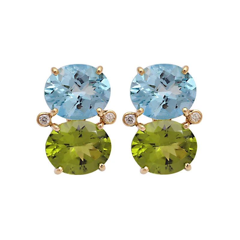 Ladies earrings with critter studs -Earrings-Blue Topaz, Peridot and Diamond