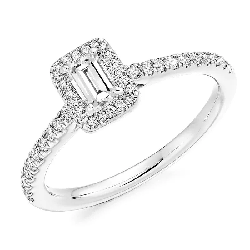 Ladies engagement rings fine brilliance -Platinum Emerald Cut Diamond & Surround Engagement Ring