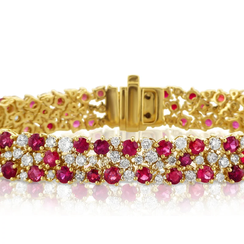 ladies-handmade-silver-bracelets-10.33 Carat Ruby & 4.27 Carat Natural Diamond Carpet Bracelet in 14K Yellow Gold