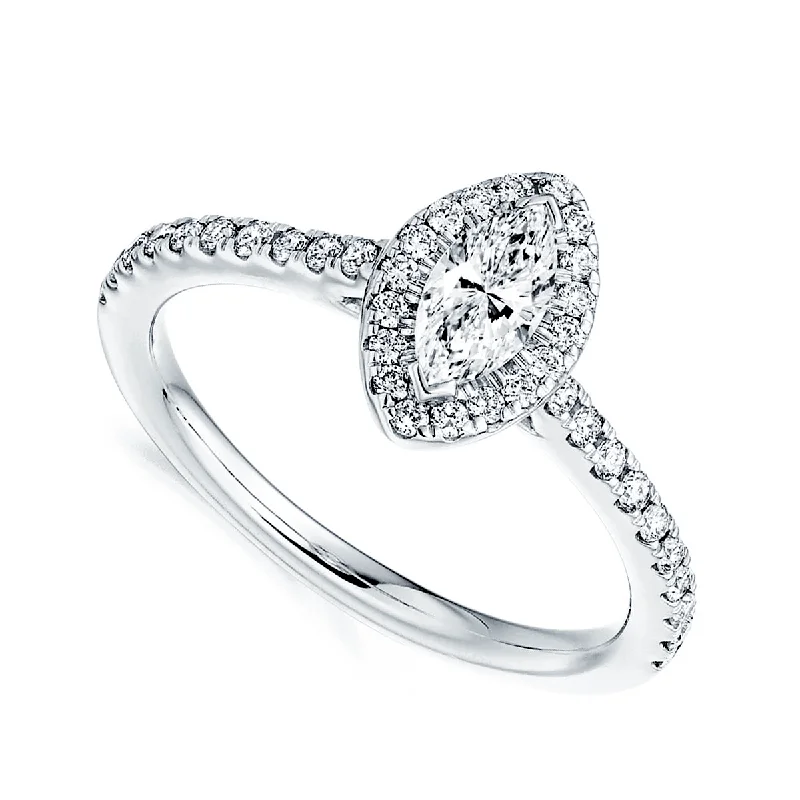 Ladies engagement rings light brilliance -Platinum Halo Set Marquise Cut Diamond & Pave Set Shoulders Engagement Ring