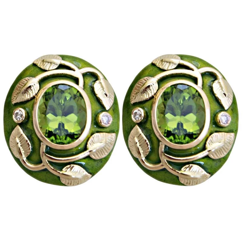 Ladies earrings edgy elegance -Earrings-Peridot and Diamond (Enamel)  (1752B)