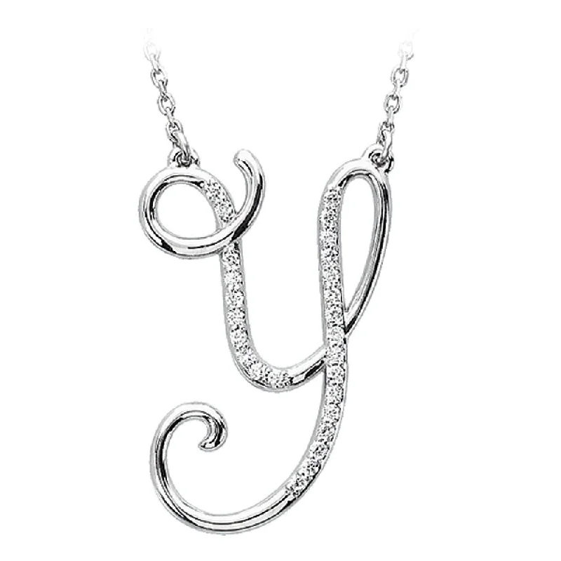 ladies-wedding-rose-gold-necklaces-1/8 Ctw Diamond 14k White Gold Medium Script Initial Y Necklace, 17in