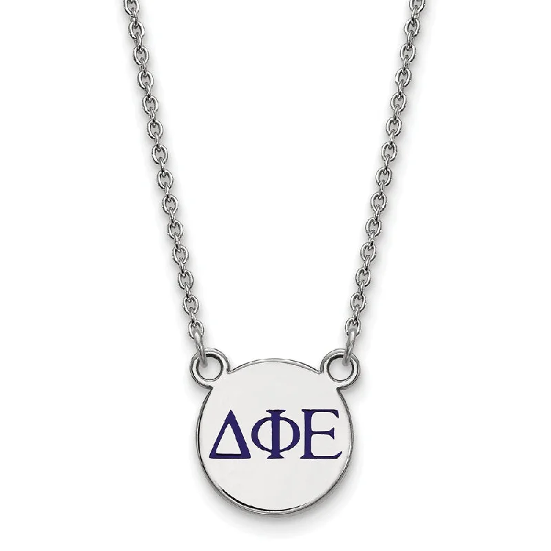 ladies-vintage-diamond-necklaces-Sterling Silver Delta Phi Epsilon Small Blue Enamel Greek Necklace