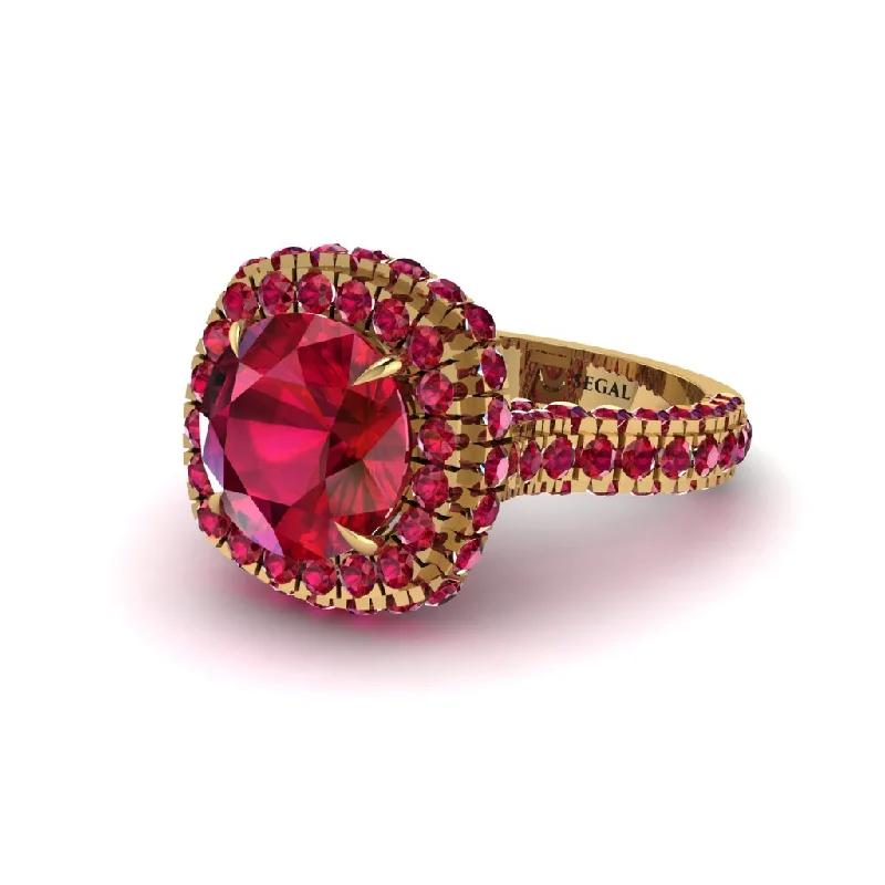 Ladies engagement rings with loop settings -Ruby Pave Double Halo Engagement Ring - Eve No. 55