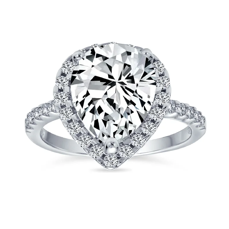 Ladies engagement rings with talon settings -7CT Pear Shaped Halo Solitaire Engagement Ring, Sterling Silver CZ Pave Band