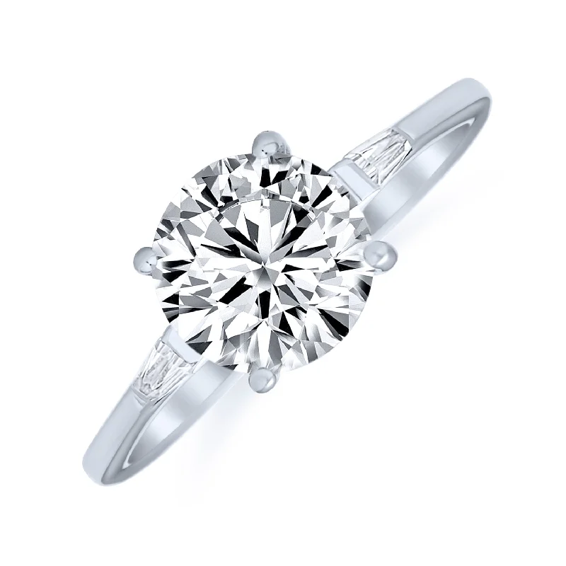 Ladies engagement rings twisted brilliance -Classic 3CT Round CZ Solitaire Engagement Ring with Baguette Side Stones Silver