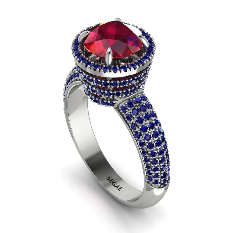 Ladies engagement rings with navy diamonds -Ruby Cluster Halo Engagement Ring - Katie No. 72