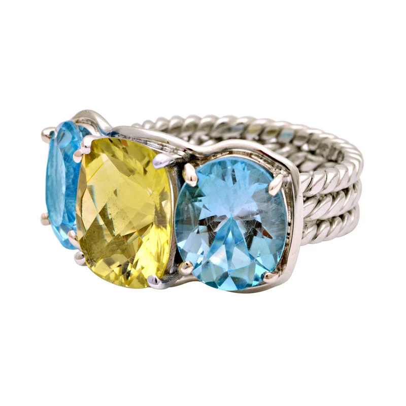 Ladies rings crisp lines -Ring-Lemon Quartz and Blue Topaz